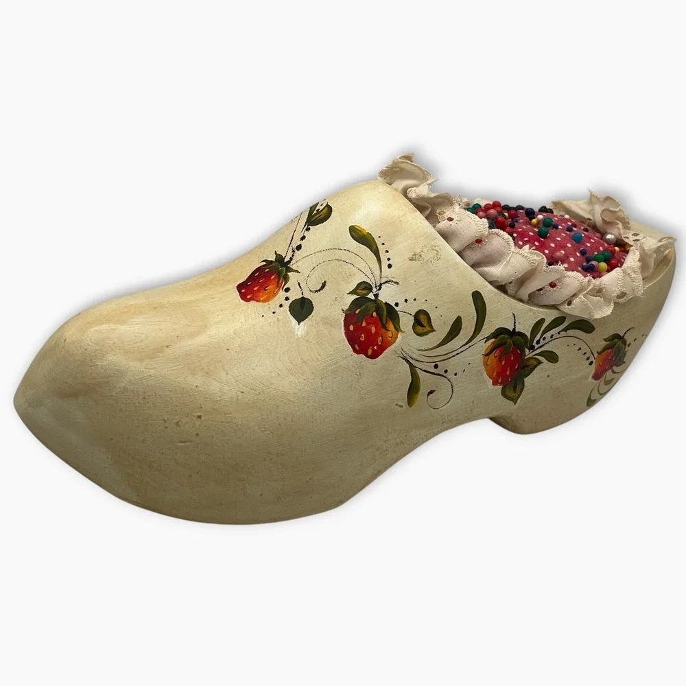 Vintage Hand Painted Wooden Dutch Clog Pin Cushion Strawberry Folk Art Cream